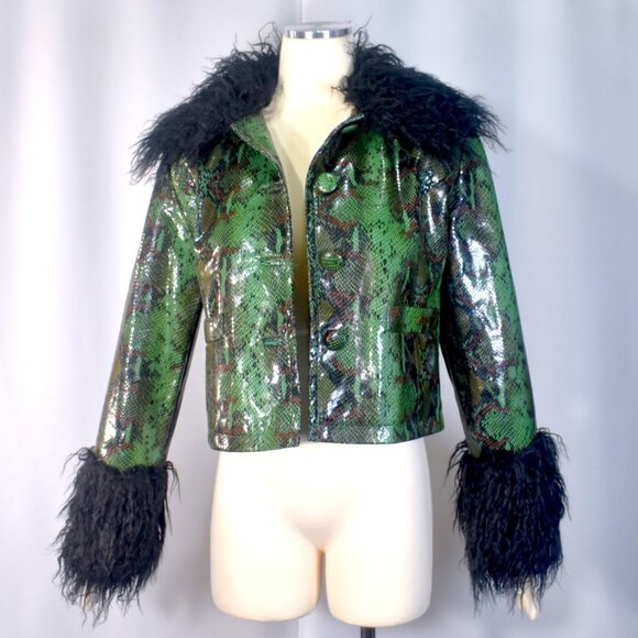 Nasty Gal Snakeskin Print Crop Jacket with Faux Fur Trim Green Black Pockets 4 - Picture 1 of 8